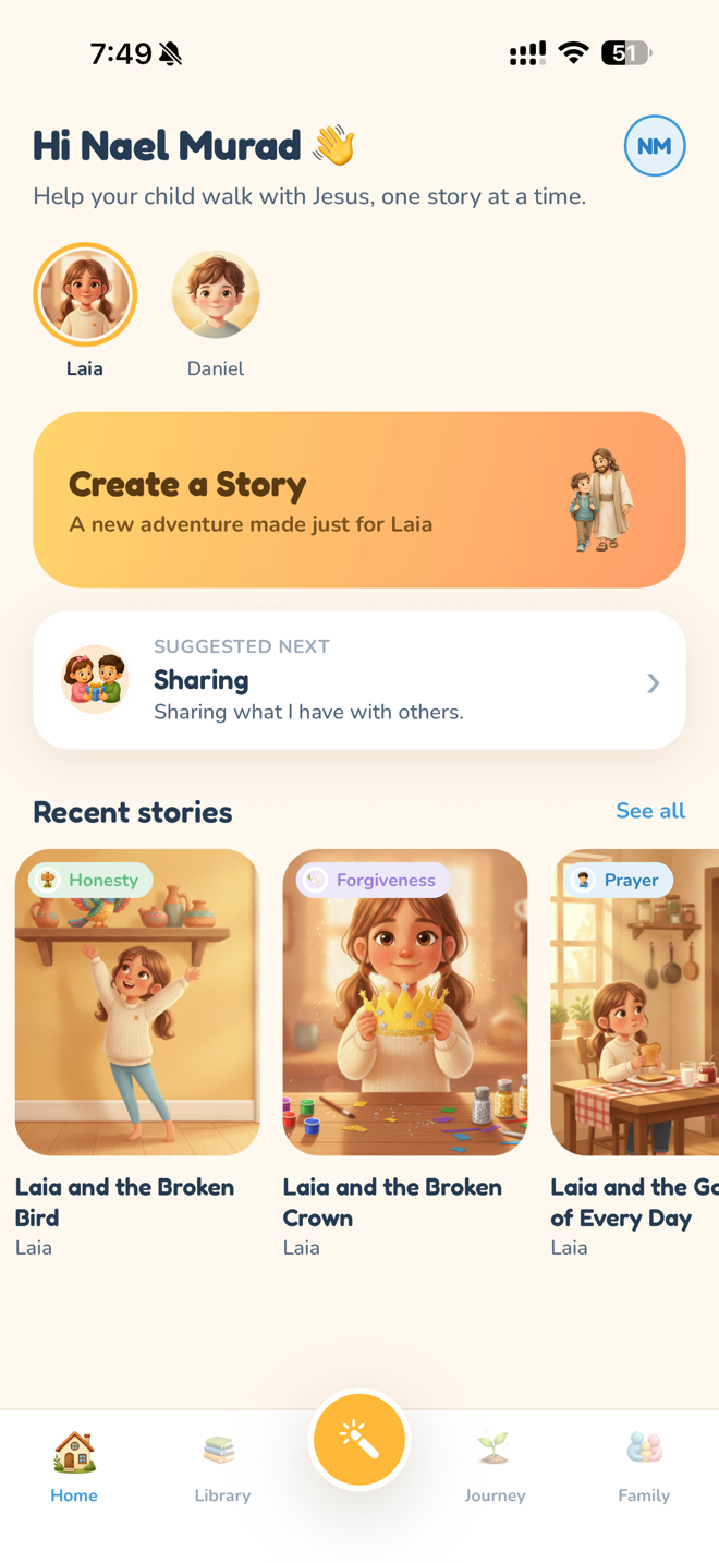 Walking With Jesus app — home screen with your children and Create a Story
