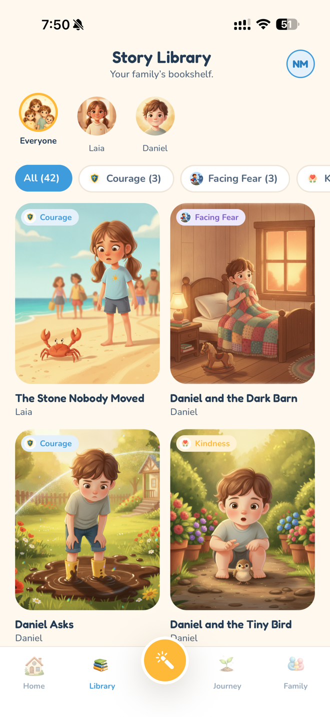 The Story Library — your family's bookshelf with value badges