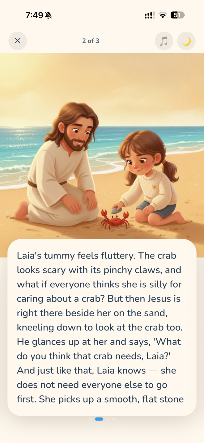 A story page — Laia and Jesus helping a little crab on the beach