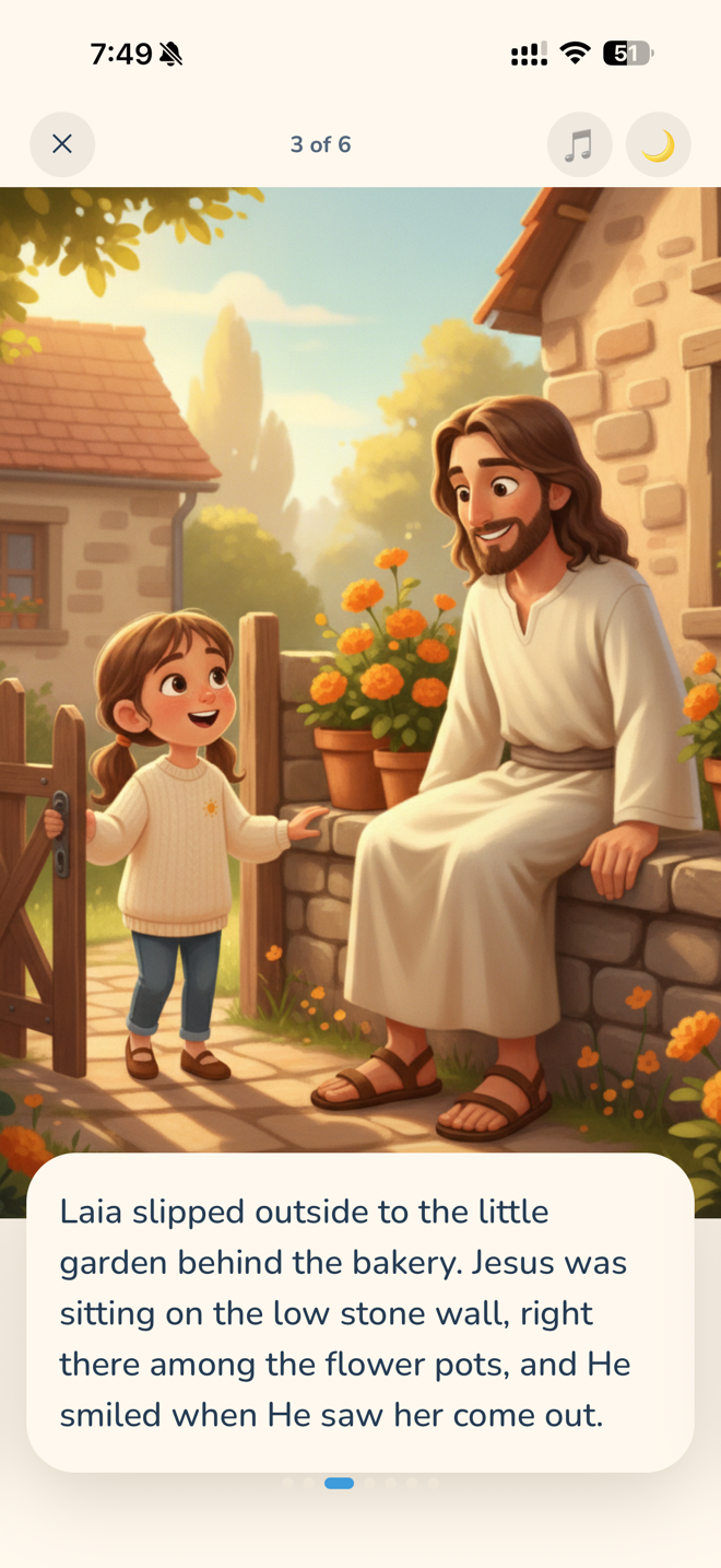 A story page — Laia meeting Jesus in the garden